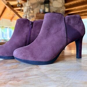 Clarks Plum Suede Ankle Booties with High Heel